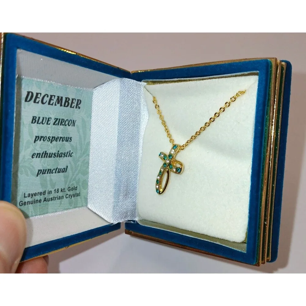 Cross Necklace 18K Gold Plated Genuine Austrian Crystal Blue December Birthstone